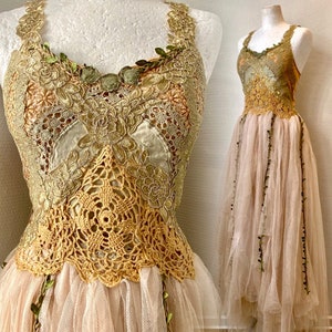 SOLD Unique Elven Wedding dress Empire Cut, Golden fairy dress for the free spirited , Raw Rags one of a kind
