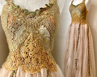 SOLD Unique Elven Wedding dress Empire Cut, Golden fairy dress for the free spirited , Raw Rags one of a kind