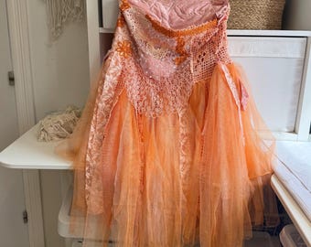 Wedding skirt fairy airy trashed ,ragged antique fabric, RawRags wedding  orange romantic , shabby chic