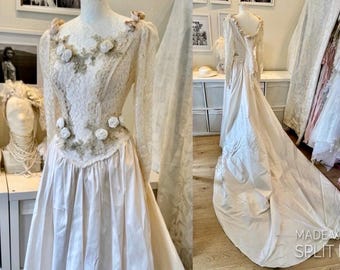 Vestido de novia único con rosas, vestido de novia vintage de encaje con cola larga