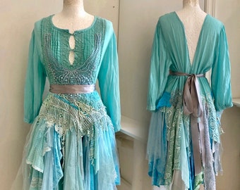 Wedding dress for mermaids ocean colours, bridal gown ethereal with long sleeves, Raw Rags