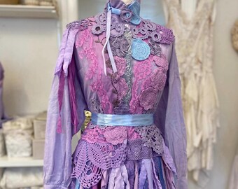 Handmade Ragged Boho Shirt: Victorian Ruffled Blouse, Lace Trim