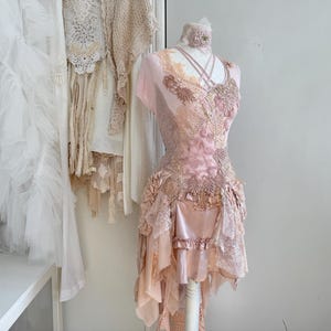 Fairy wedding dress in peach, bride to be wearing antique lace, Raw Rags handmade