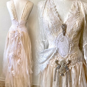Raw Rags Bohemian wedding dress , high waisted vintage style , wedding dress antique lace ,