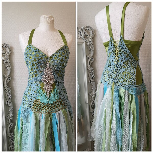 Boho wedding dress pea-cock colors, mermaid wedding dress, ocean colors, handmade