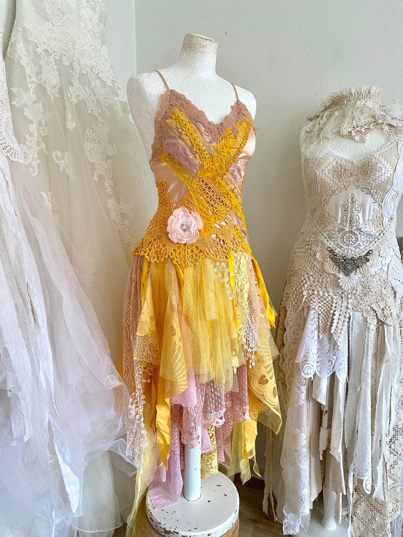 Yellow Fairy Wedding dress forest queen,boho wedding dress out door,upcycled,bridal dress fantasy queen,rawrags bride to be image 2