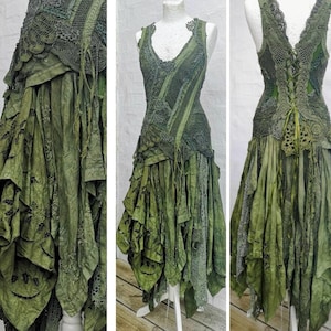 Custom made dress Green Boho wedding dress ,elven dress RawRags, bohemian wedding whimsical tattered skirt