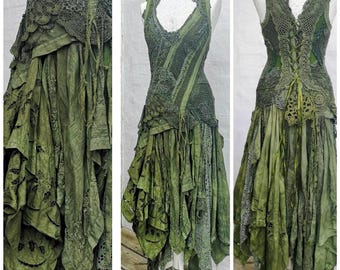 Custom made dress Green Boho wedding dress ,elven dress RawRags, bohemian wedding whimsical tattered skirt