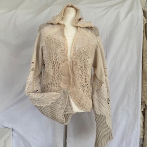 One of a kind handmade jacket , knit and lace cardigan, Raw Rags sustainable fashion