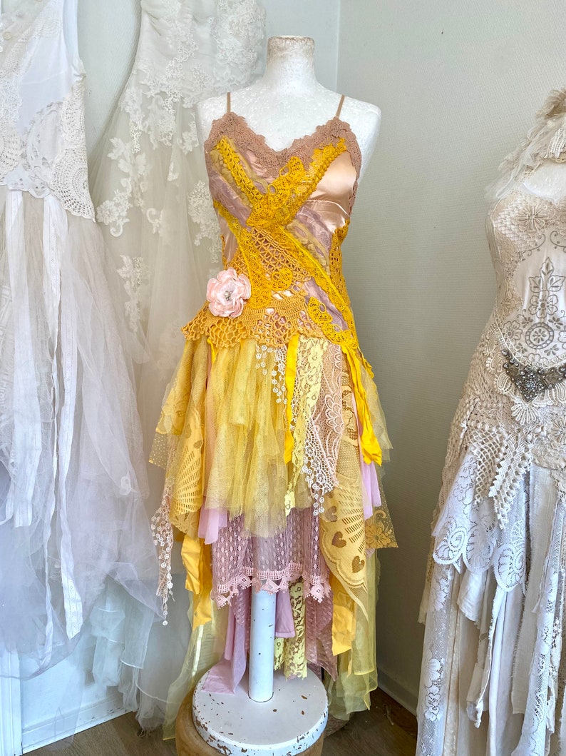 Yellow Fairy Wedding dress forest queen,boho wedding dress out door,upcycled,bridal dress fantasy queen,rawrags bride to be image 5