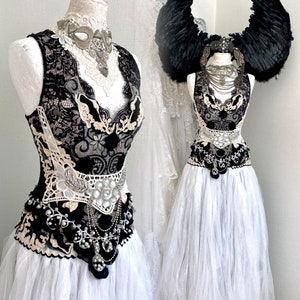 Witches Wedding dress lace , black and White bridal gown black swan witches wedding