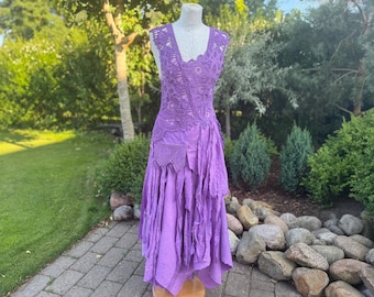 Purple Boho Wedding Dress, Raw Edge Bridal Gown, Elven Fairy Style