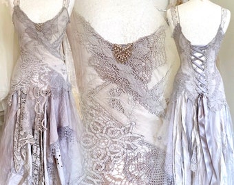 One of a kind Wedding dress light lavender,bridal gown drop waist, open back corset wedding Raw Rags
