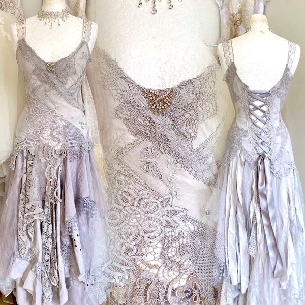One of a kind Wedding dress light lavender,bridal gown drop waist, open back corset wedding Raw Rags