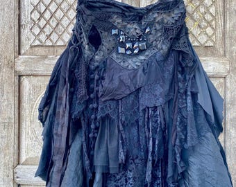 Gothic black skirt, trashy shabby chic ,black wedding out fit Raw Rags