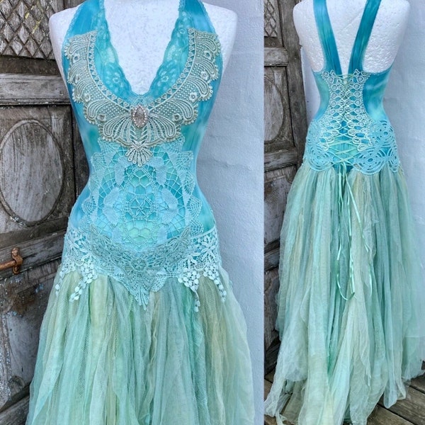 Boho wedding dress aqua colors, bridal dress for mermaids , Wedding dress turqoise fairy, mermaid wedding dress, rawrags