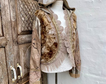 Bohemian jacket in Brown  colors, fake fur upcycled fabric, eco friendly fashion