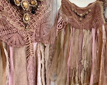 Boho beach wedding antique fairy airy skirt, ragged antique fabric, RawRags boho wedding skirt tattered shabby