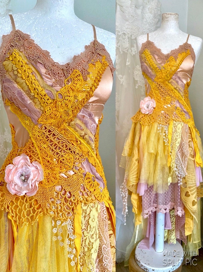 Yellow Fairy Wedding dress forest queen,boho wedding dress out door,upcycled,bridal dress fantasy queen,rawrags bride to be image 1