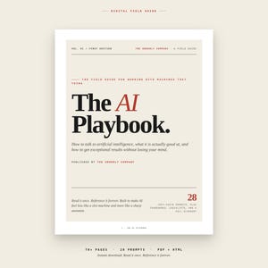 May include: A book titled "The AI Playbook" with a cream-colored background and black and red text. The cover includes the text "How to talk to artificial intelligence, what it is actually good at, and how to get exceptional results without losing your mind."