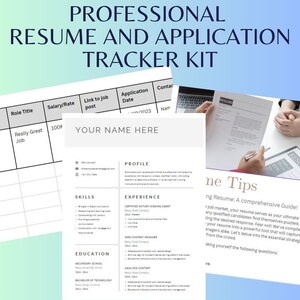 以下が含まれることがあります： 「Professional Resume and Application Tracker Kit」というテキストが上部に書かれた白黒の履歴書テンプレート。テンプレートには、会社、役職、給与/レート、求人へのリンク、応募日、連絡先の名前のセクションが含まれています。スキル、教育、プロフィール、経験のセクションもあります。このテンプレートは、求職者が応募状況を追跡し、求人活動の管理を支援するために設計されています。