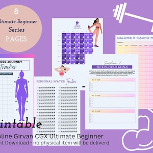 Pode incluir: Páginas de rastreamento de fitness imprimíveis com um esquema de cores roxo e rosa. As páginas incluem um rastreador de jornada de fitness, um rastreador de água pessoal, um rastreador de calorias e macros e uma seção para definir metas de fitness. O texto "8 Ultimate Beginner Series PAGES" está no topo da página.
