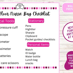 May include: A pink and white checklist for a long-term care floor nurse. The checklist includes sections for clinical tools, stationary, and personal items. The text "WALK IN PREPARED!" and "NEVER FORGET ANYTHING AT HOME" are also included.