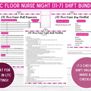 May include: Printable checklist bundle for long-term care floor nurses working the night shift. The bundle includes a shift organizer, a checklist for medications and treatments, and a checklist for items to bring in a nurse's bag. The checklists are pink and black with a nurse's cap icon.