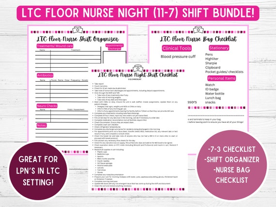 Pink LPN Nurse Bundle for Long Term Night (11-7) Nurse - Instant Download Checklist. Perfect for New Grad LPN Nurse!