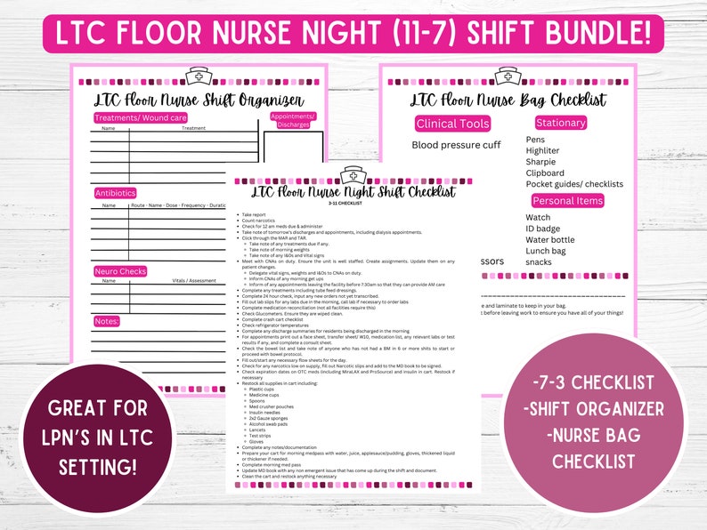 May include: Printable checklist bundle for long-term care floor nurses working the night shift. The bundle includes a shift organizer, a checklist for medications and treatments, and a checklist for items to bring in a nurse's bag. The checklists are pink and black with a nurse's cap icon.