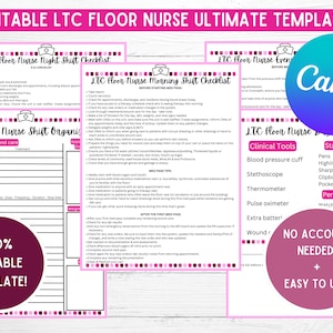May include: A pink and white printable checklist template for long-term care floor nurses. The checklist includes sections for night shift, morning shift, evening shift, and a section for clinical tools and stationary. The text "100% Editable Template!" is in a pink circle at the bottom of the page.