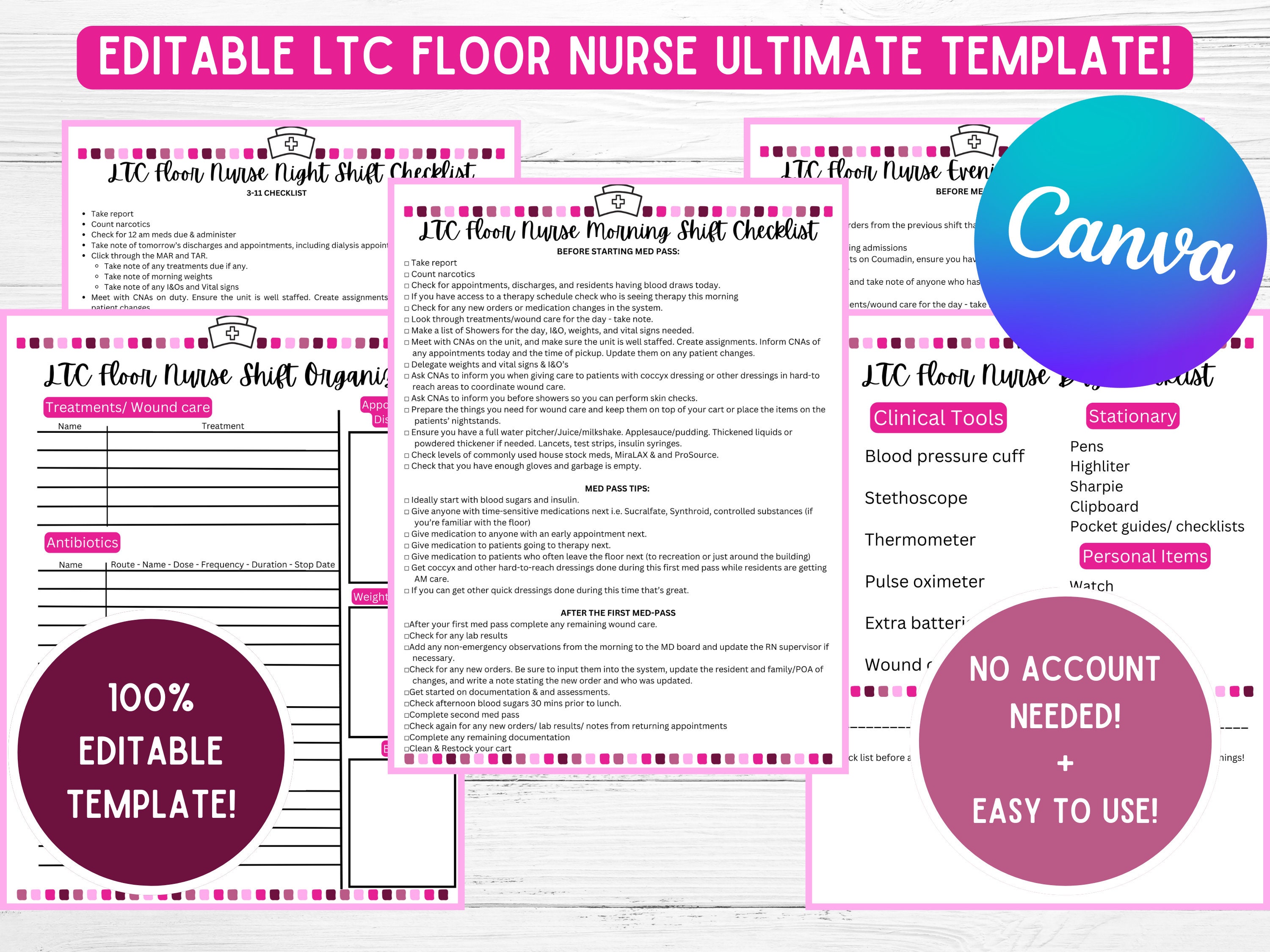 Editable Long Term Care Shift Organizer, Checklist and Nurse bag Checklist! Perfect for New Grad Nurse in LTC setting! LTC Nurse Essential.