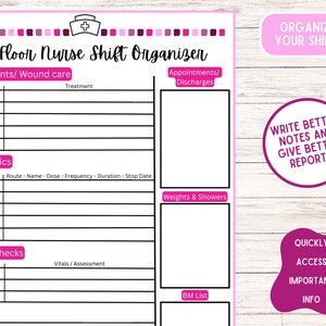 May include: A printable worksheet for nurses working in a long-term care facility. The worksheet is titled "LTC Floor Nurse Shift Organizer" and includes sections for treatments, antibiotics, neuro checks, appointments, weights and showers, and notes. The worksheet is designed to help nurses organize their work and provide better care to patients.