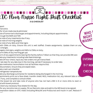 May include: A pink and white checklist for a night shift nurse working in a long-term care facility. The checklist includes tasks such as taking reports, counting narcotics, checking vital signs, and completing medication reconciliation. The text "WHO SAID NIGHT SHIFT WASNT BUSY?!" is written in a pink circle at the top right of the checklist. The text "OVERNIGHT 11-7 NURSE CHECKLIST" is written in a pink circle at the bottom right of the checklist.