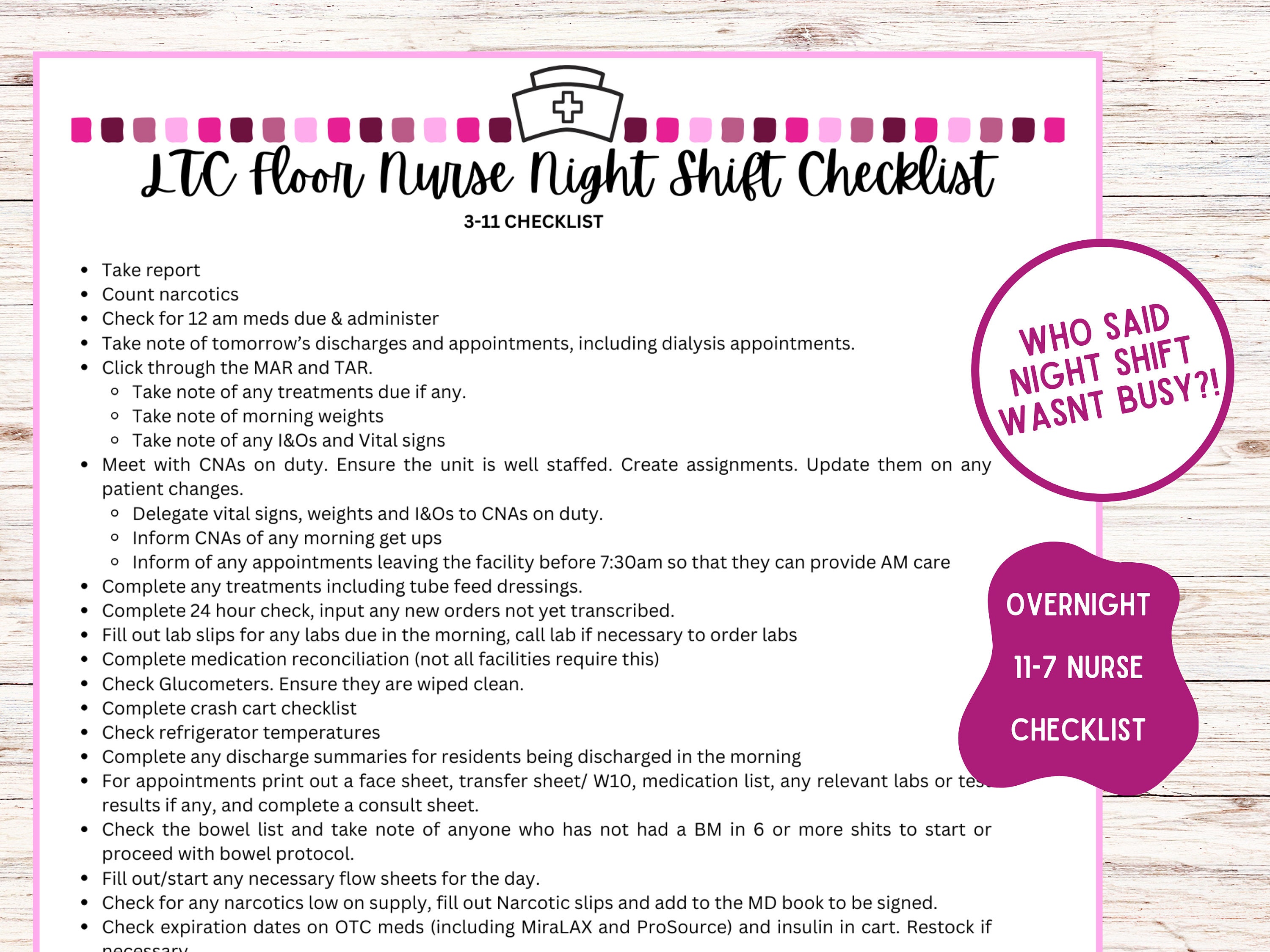 Pink LPN Nurse Bundle for Long Term Night (11-7) Nurse - Instant