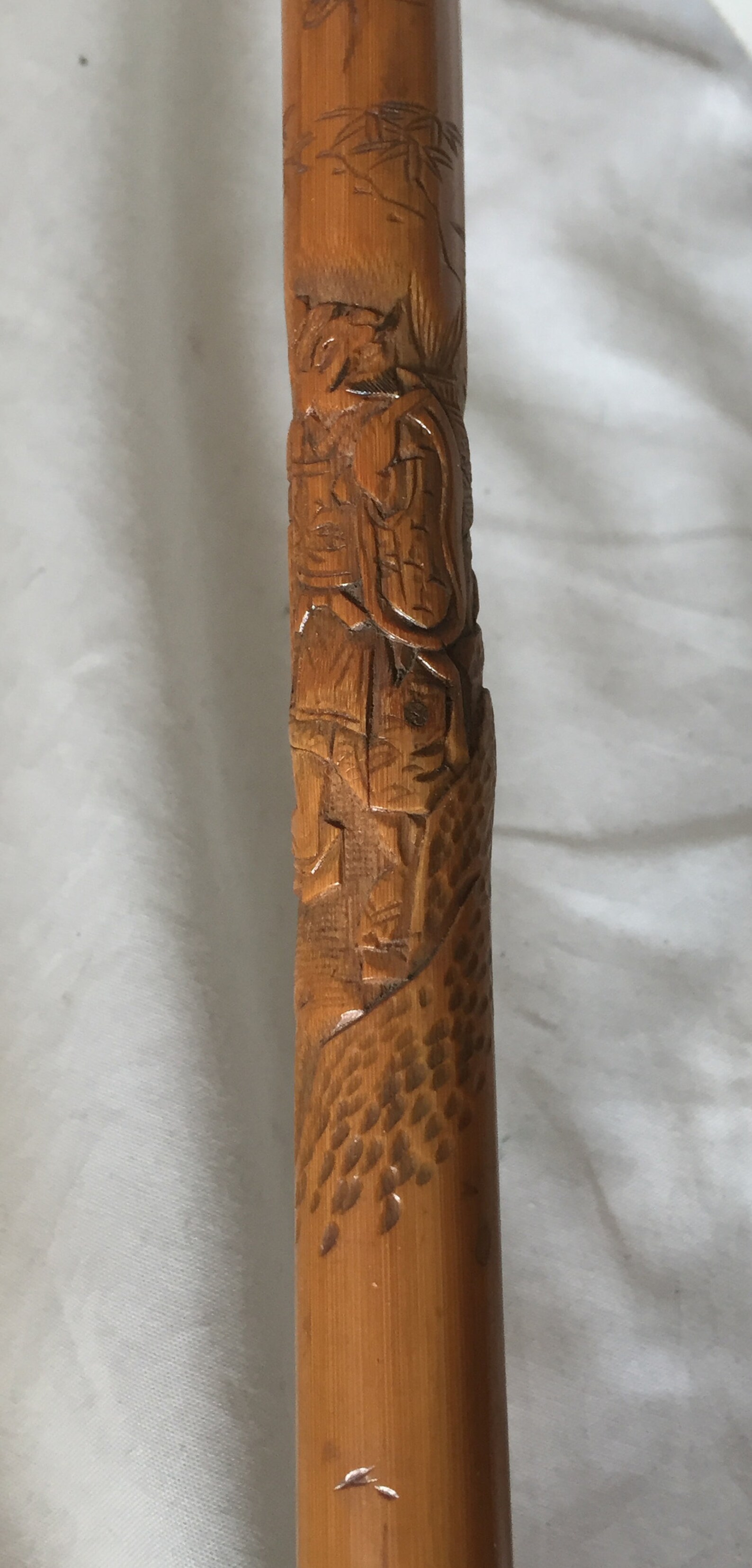 Beautiful Bamboo WALKING STICK Carved ASIAN Pastoral Scene Etsy