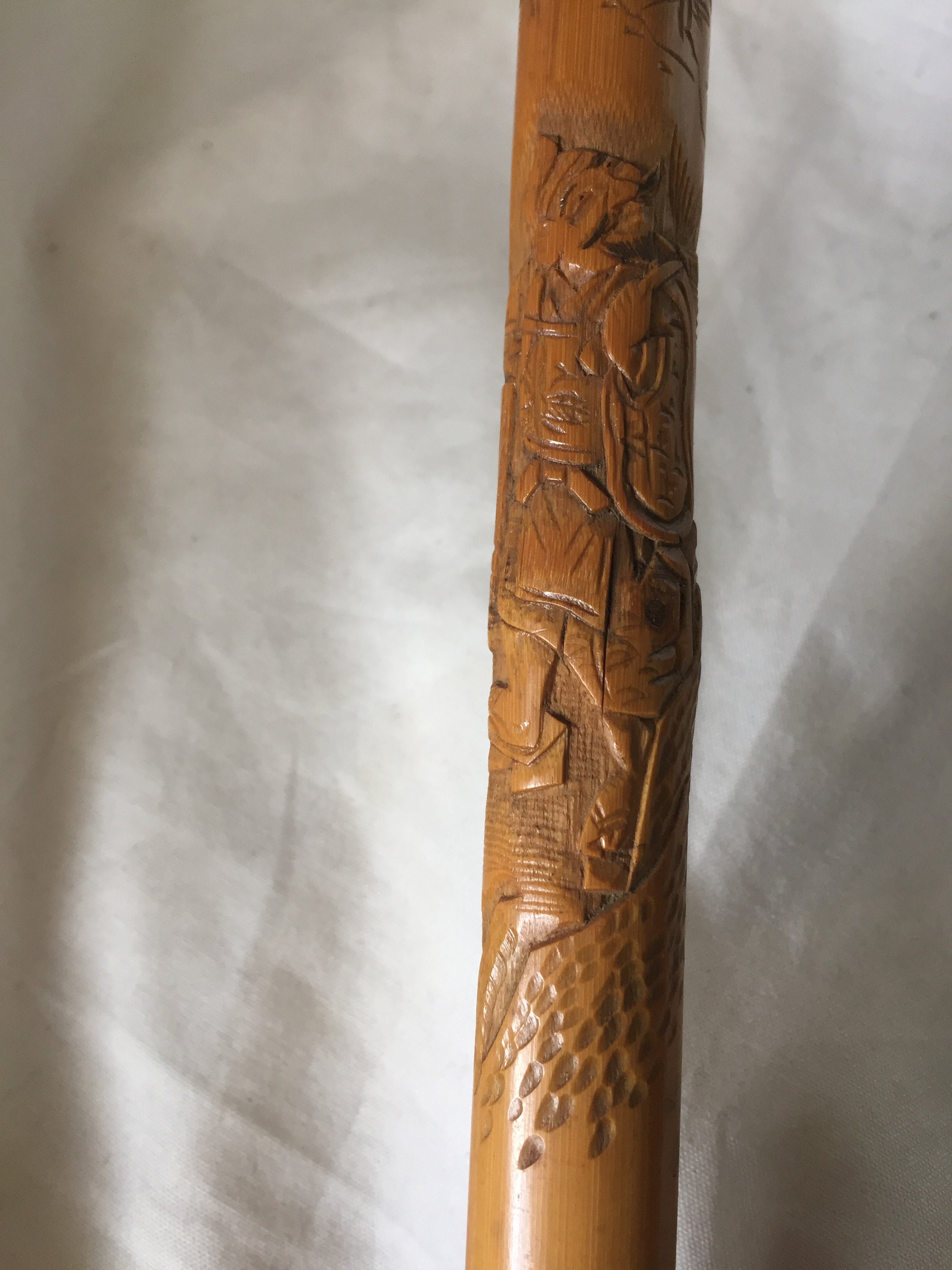 Beautiful Bamboo WALKING STICK Carved ASIAN Pastoral Scene Etsy