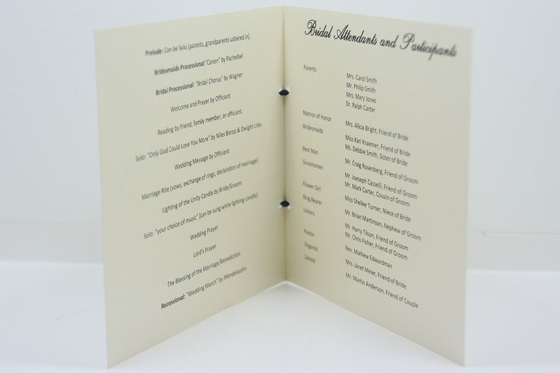 Wedding program ~ printed on four sides ~ CUSTOM MADE ~ square card stock tied with a ribbon.