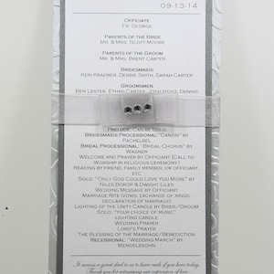 Wedding program ~ printed on four sides ~ CUSTOM MADE ~ square card stock tied with a ribbon.