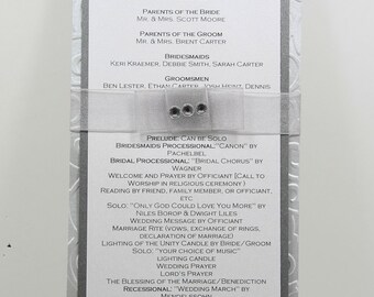 Wedding program ~ CUSTOM MADE ~ rectangle embossed card stock tied with a ribbon and matching your invitations.