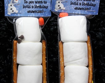 Snowman from frozen party favor ~ Marshmallows ~ pretzels ~ chocolate chips.