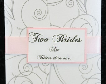 Same sex wedding/marriage pocket invitation ~ with inserts ~ custom made ~ Two brides ~ can be done in other colors.