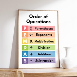 May include: A colourful chart with the acronym PEMDAS, which stands for Parentheses, Exponents, Multiplication, Division, Addition, and Subtraction. This chart is a helpful visual aid for remembering the order of operations in maths.