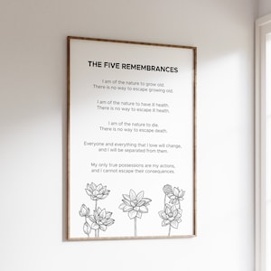 The Five Remembrances Poster with Black and White Lotus Flowers. Printable Buddhist Wall Art for Meditation and Yoga