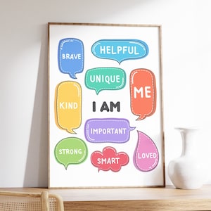 May include: A colorful printable poster with the words "I AM" in the center and surrounded by speech bubbles with positive affirmations like "Brave", "Kind", "Unique", "Helpful", "Important", "Strong", "Smart", "Loved", and "Me".