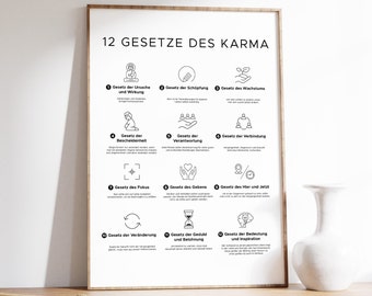 12 Laws of Karma Poster (German Version), 12 Gesetze des Karma. Spiritual Wall Art Featuring Minimalist Icons, Descriptions for Each Law