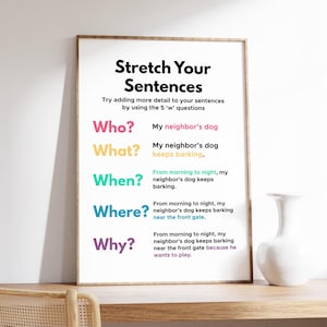 Póster "Estira tus oraciones", gramática inglesa, recurso para la educación en el hogar, decoración para la escritura en el aula, profesor de inglés, descarga digital