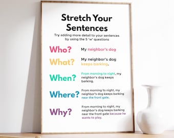 Stretch Your Sentences Poster, englische Grammatik, Homeschool-Ressource, Klassenzimmer-Schreibdekor, Englischlehrer, digitaler Download