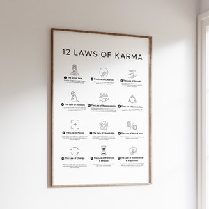 Cartel de las 12 leyes del karma. Arte mural decorativo y espiritual con iconos, números y descripciones minimalistas para cada ley