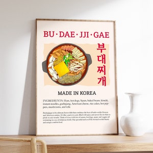 Budaejjigae Retro Food Print, koreanisches Essen Poster, moderne Küchendekoration, koreanisches Essen, südkoreanische Küche